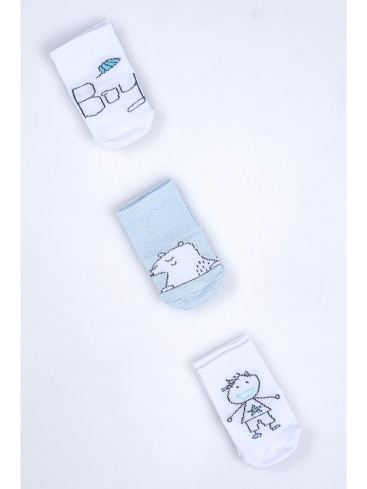 Cocole Socks Erkek Bebek Soket Çorabı 3’lü Set – Pamuklu Mavi Ayıcık & Çocuk Figür Desenli