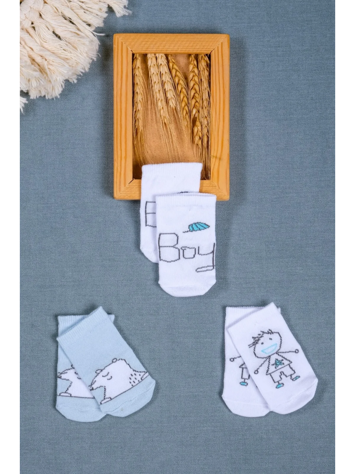 Cocole Socks Erkek Bebek Soket Çorabı 3’lü Set – Pamuklu Mavi Ayıcık & Çocuk Figür Desenli