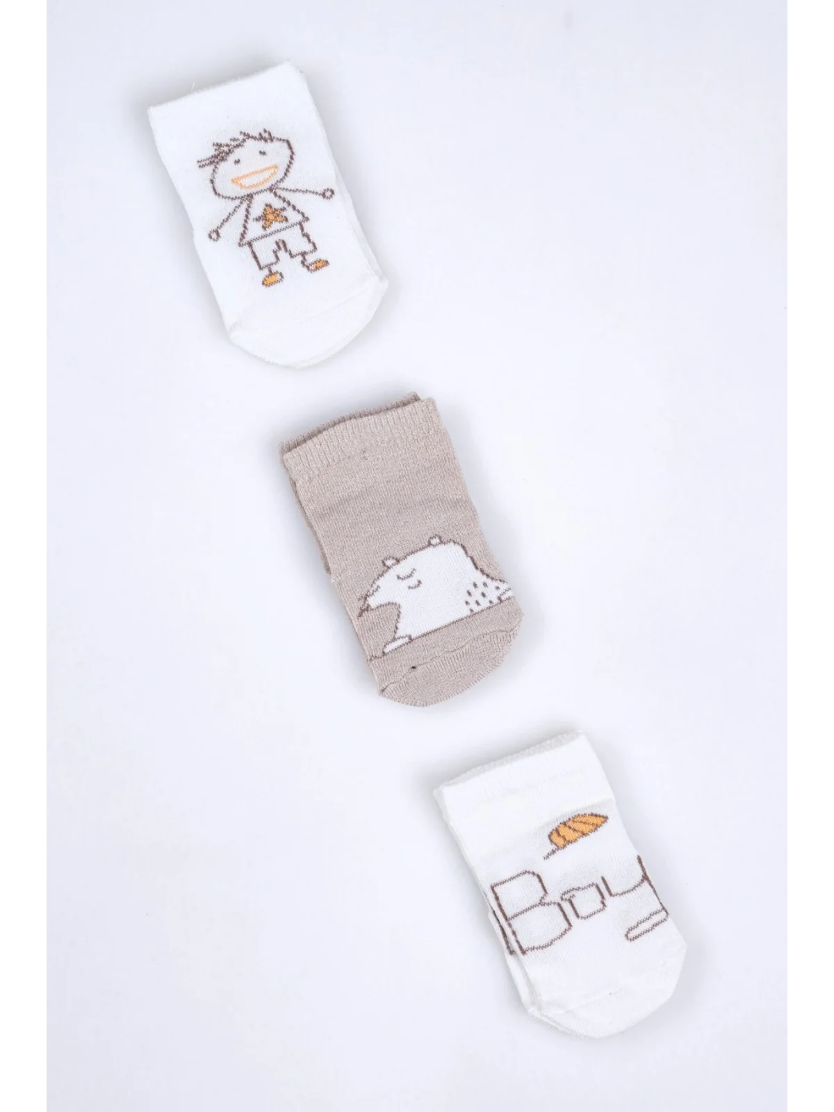 Cocole Socks Erkek Bebek Soket Çorabı 3’lü Set – Pamuklu Kahverengi Ayıcık & Çocuk Figür Desenli