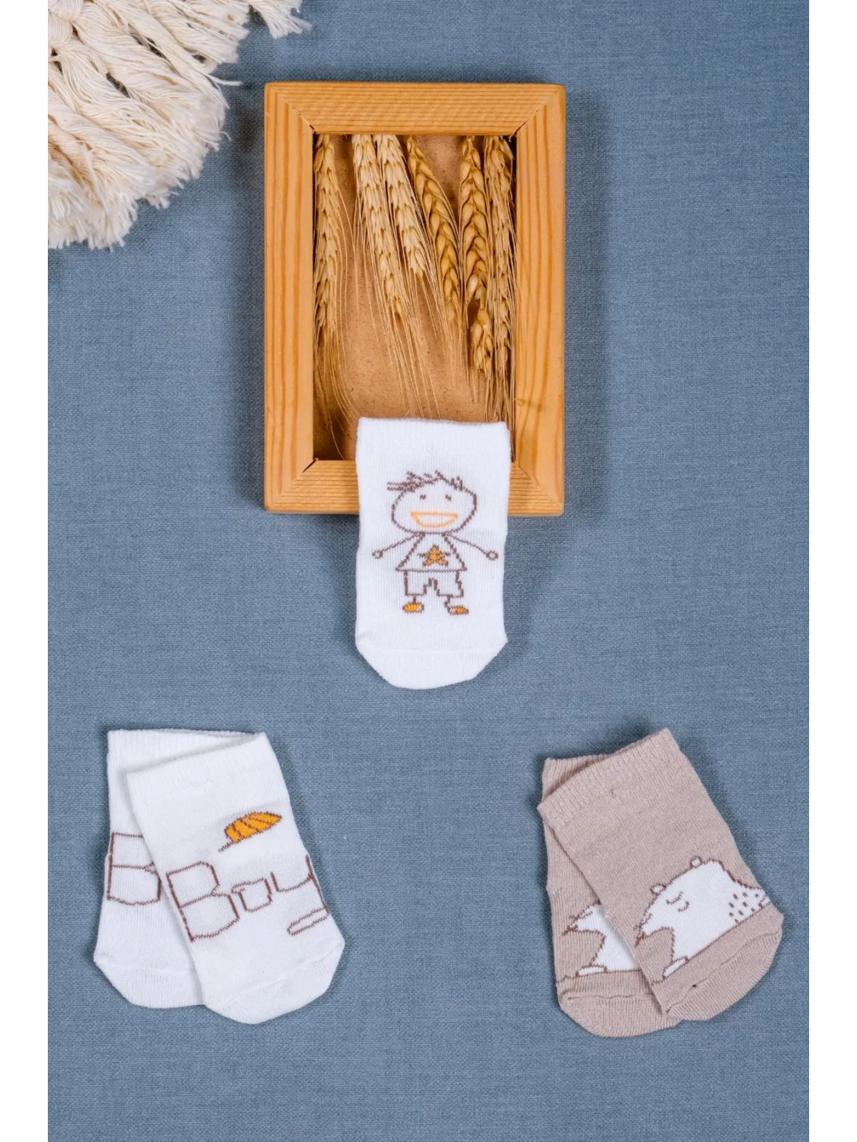 Cocole Socks Erkek Bebek Soket Çorabı 3’lü Set – Pamuklu Kahverengi Ayıcık & Çocuk Figür Desenli