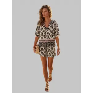 Sofia barbara Krep Saten Desenli İKili Şortlu Takım S Tasarım