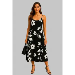 Flower Çiçek Desen Askılı İthal Saten Tasarım Elbise