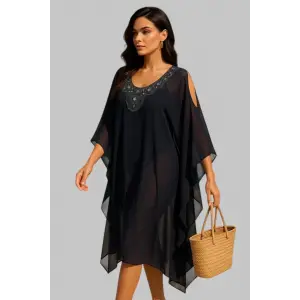 Meralda İhtal Yaka İşlemeli Standart Beden Şifon Kimono