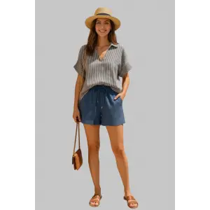 Mirabel İndigo Keten Şortlu Çizgili Takım