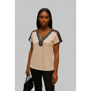 Wanda Omuz Tül Detay İthal Yaka Krep Bluz