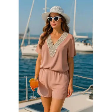 Sabina Krep Viskon İkili Şortlu Takım Yaka Detaylı Trend