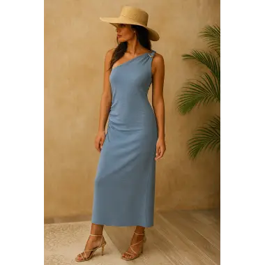 Aerobin Keten Tek Omuzlu Aksesuar Ve Büzgü Detay Tasarım Elbise