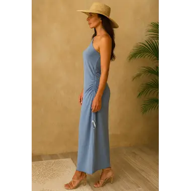 Aerobin Keten Tek Omuzlu Aksesuar Ve Büzgü Detay Tasarım Elbise