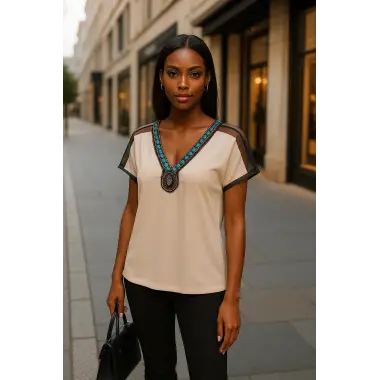 Wanda Omuz Tül Detay İthal Yaka Krep Bluz