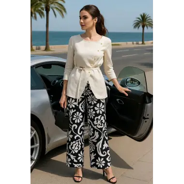 Adriana İhtal Keten Kruvaze Düğme Ve Toka Detay İkili Pantolon Takım