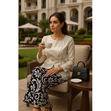 Adriana İhtal Keten Kruvaze Düğme Ve Toka Detay İkili Pantolon Takım