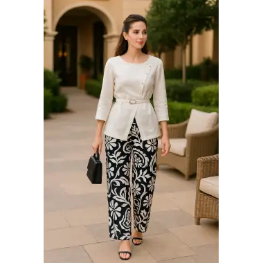 Adriana İhtal Keten Kruvaze Düğme Ve Toka Detay İkili Pantolon Takım