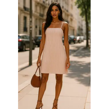 Sonya Çizgili İthal Keten Askılı Elbise