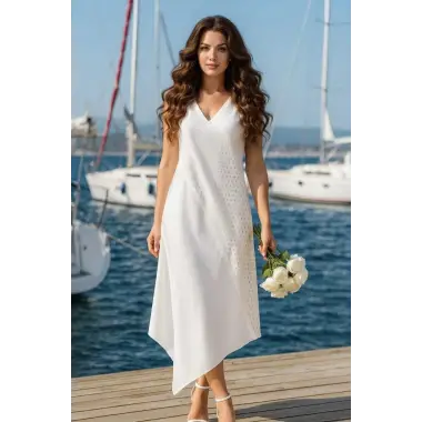 White Asimetrik Lazer Kesim Tasarım Elbise