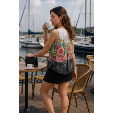 İndia İthal Şifon Çift Katlı Dijital Baskı Bluz