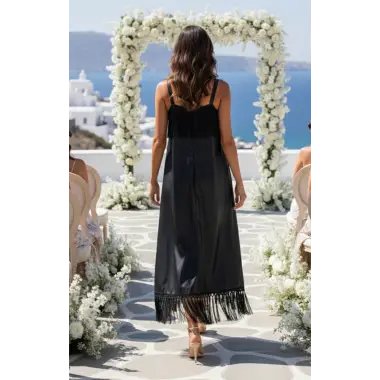 Gioia Loren İthal Laklı Şifon Askılı Püskül Detay Elbise Tasarım S 2026