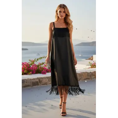 Gioia Loren İthal Laklı Şifon Askılı Püskül Detay Elbise Tasarım S 2026