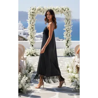 Gioia Loren İthal Laklı Şifon Askılı Püskül Detay Elbise Tasarım S 2026