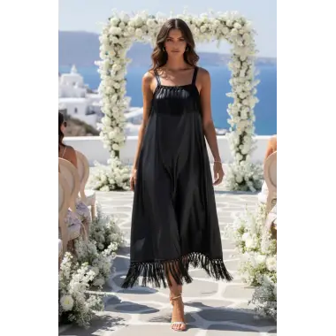 Gioia Loren İthal Laklı Şifon Askılı Püskül Detay Elbise Tasarım S 2026