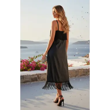 Gioia Loren İthal Laklı Şifon Askılı Püskül Detay Elbise Tasarım S 2026