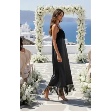 Gioia Loren İthal Laklı Şifon Askılı Püskül Detay Elbise Tasarım S 2026