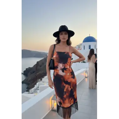 Serafina ford İthal Desenli Şifon Askılı Püskül Detay Elbise Tasarım S 2026