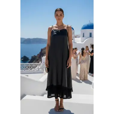 Capri Laklı Şifon Askılı Püsklü detay Aksesuarlı Elbise Tasarım S 2026