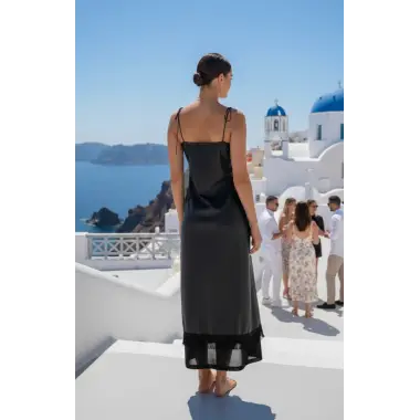 Capri Laklı Şifon Askılı Püsklü detay Aksesuarlı Elbise Tasarım S 2026