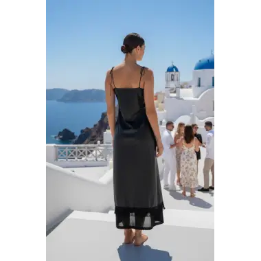 Capri Laklı Şifon Askılı Püsklü detay Aksesuarlı Elbise Tasarım S 2026