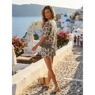 Sofia barbara Krep Saten Desenli İKili Şortlu Takım S Tasarım