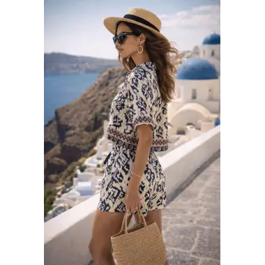 Sofia barbara Krep Saten Desenli İKili Şortlu Takım S Tasarım