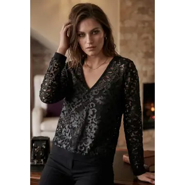 Meri marta Yakma tül suni deri detay transparan Bluz Tasarım