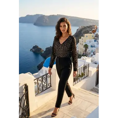 Meri marta Yakma tül suni deri detay transparan Bluz Tasarım