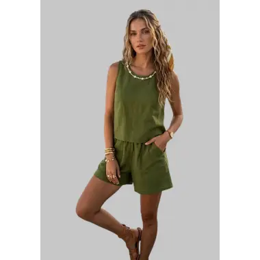 Marla sassy Yaka Aksesuar Detay Keten İkili Takım Tasarım