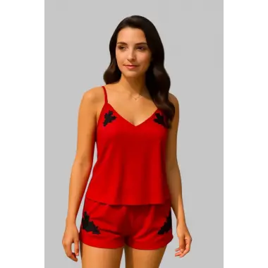 Barbara İthal Saten Gecelik Takım Aplik Detay