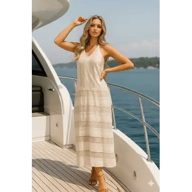 Camila İthal Dantel V Yaka Elbise