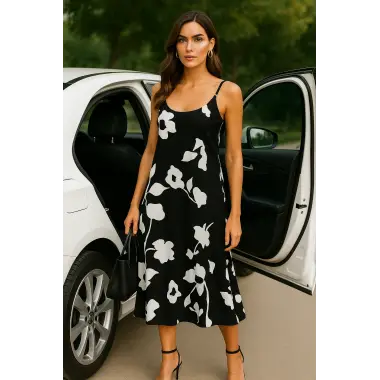 Flower Çiçek Desen Askılı İthal Saten Tasarım Elbise