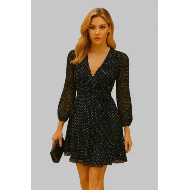 Gginna Kruvaze Puantiye Şifon Elbise