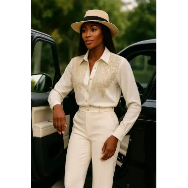 Lenora İthal Krep Taş Baskı Detay Tasarım Gömlek