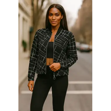 Lora Siyah Beyaz Fermuarlı Bomber Ceket
