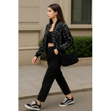 Lora Siyah Beyaz Fermuarlı Bomber Ceket