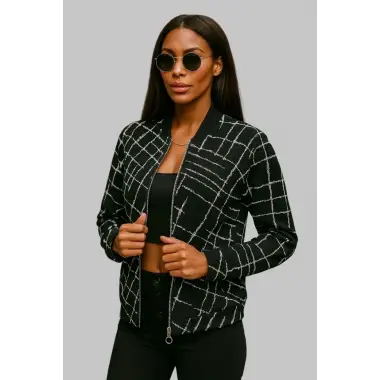 Lora Siyah Beyaz Fermuarlı Bomber Ceket