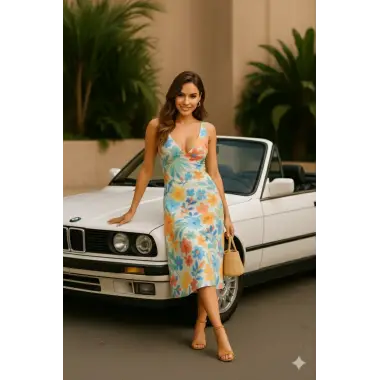 Madrid Desenli Keten Elbise Trend