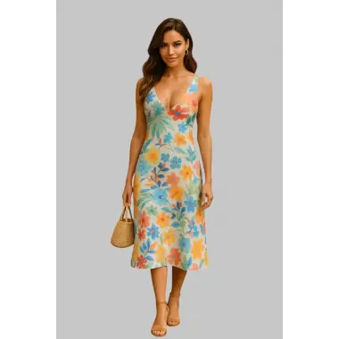 Madrid Desenli Keten Elbise Trend