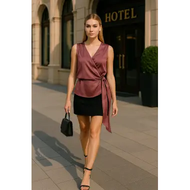 Megane Krep Saten Kruvaze Bluz