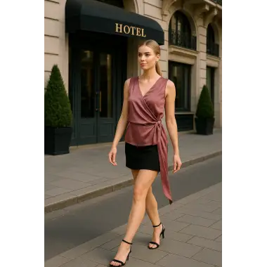 Megane Krep Saten Kruvaze Bluz