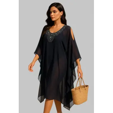 Meralda İhtal Yaka İşlemeli Standart Beden Şifon Kimono