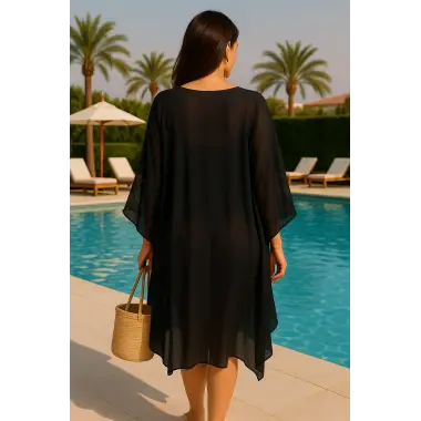Meralda İhtal Yaka İşlemeli Standart Beden Şifon Kimono
