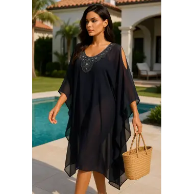 Meralda İhtal Yaka İşlemeli Standart Beden Şifon Kimono