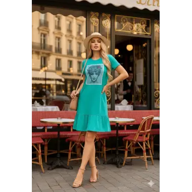 Miami Baskılı Uzun Likralı Elbise